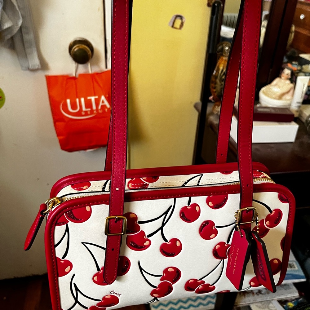 Coach Swing Zip Cherry Print Leather Bag